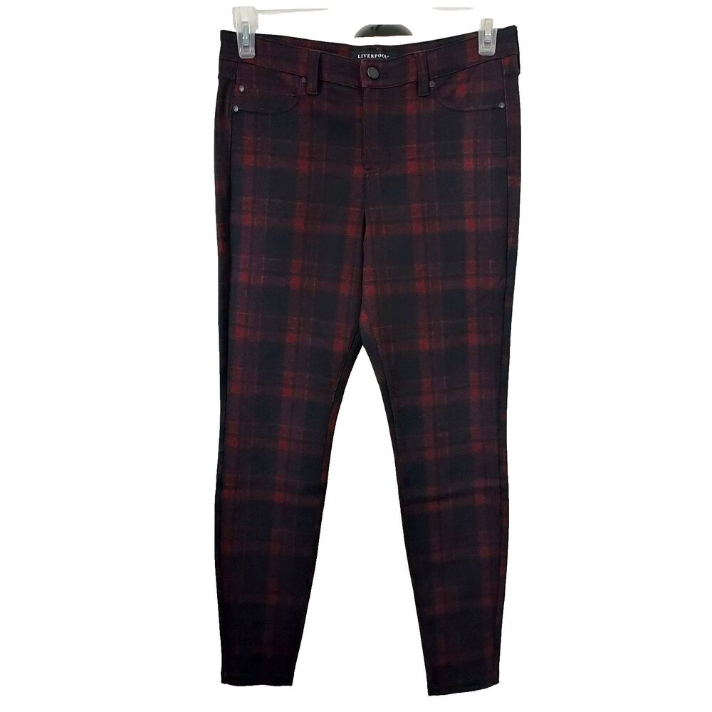 Liverpool Legging Skinny Pants Size 8/29 Red Black Plaid Comfy Stretch Pockets